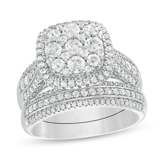 2-1/2 CT. T.w. Composite Diamond Cushion Frame Multi-Row Bridal Set in 10K White Gold