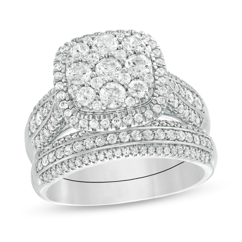 Main Image 1 of 2-1/2 CT. T.W. Composite Diamond Cushion Frame Multi-Row Bridal Set in 10K White Gold