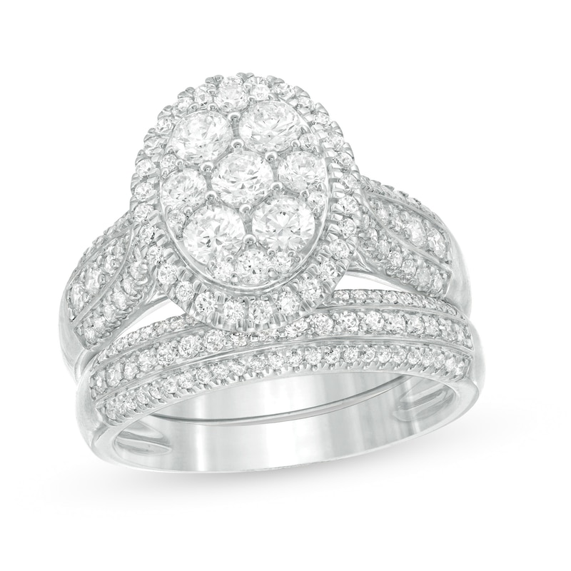 Main Image 1 of 1-1/2 CT. T.W. Composite Diamond Oval Frame Multi-Row Bridal Set in 10K White Gold