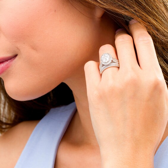 1-1/2 CT. T.w. Composite Diamond Oval Frame Multi-Row Bridal Set in 10K White Gold