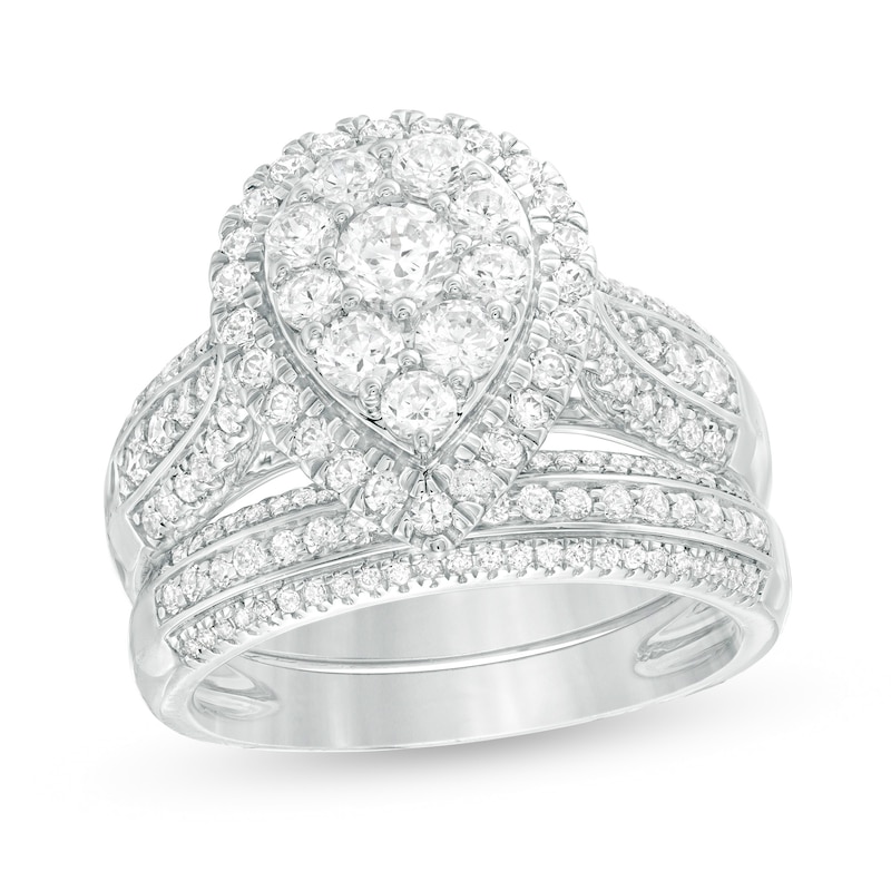 Main Image 1 of 1-1/2 CT. T.W. Multi-Diamond Pear-Shaped Frame Multi-Row Bridal Set in 10K White Gold