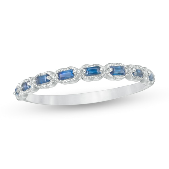 Sideways Baguette Blue Sapphire "X" Vintage-Style Ring in 10K White Gold