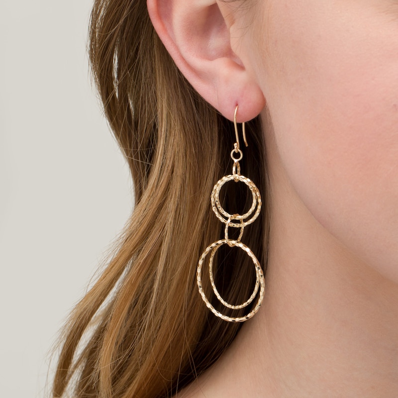 Main Image 2 of Diamond-Cut Interlocking Double Circle Drop Earrings in 10K Gold