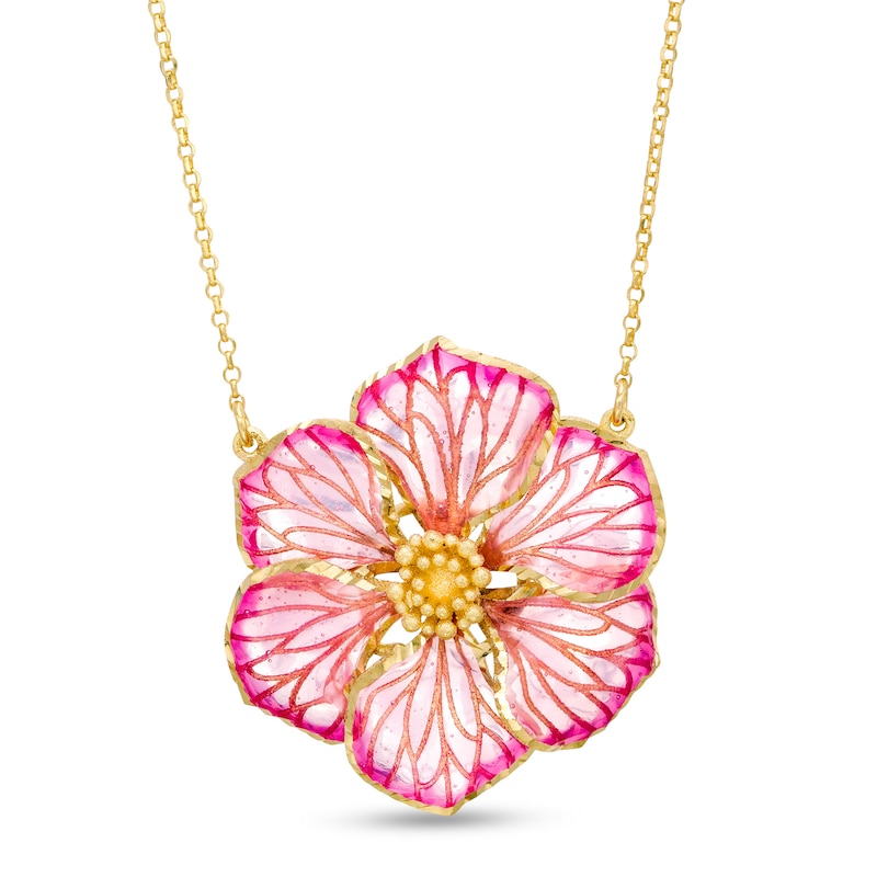 Main Image 1 of Made in Italy Pink Enamel Flower Pendant in 14K Gold