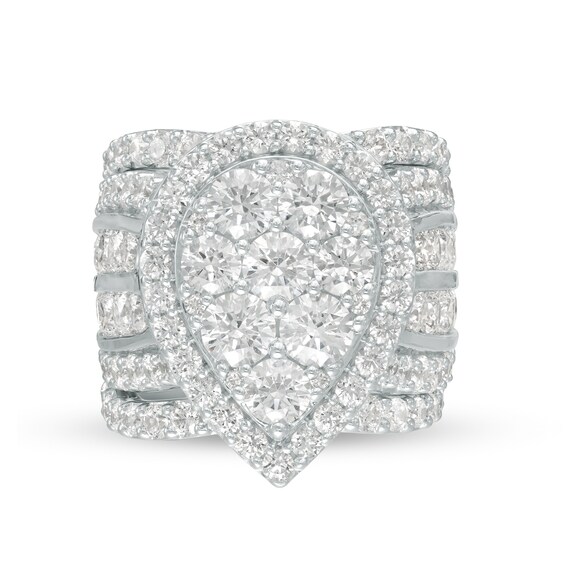 7 CT. T.w. Pear-Shaped Multi-Diamond Frame Multi-Row Three Piece Bridal Set in 14K White Gold