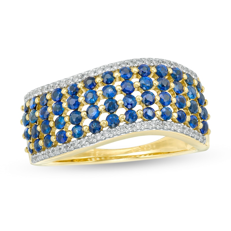 Main Image 1 of Blue Sapphire and 1/8 CT. T.W. Diamond Multi-Row Wave Ring in 10K Gold