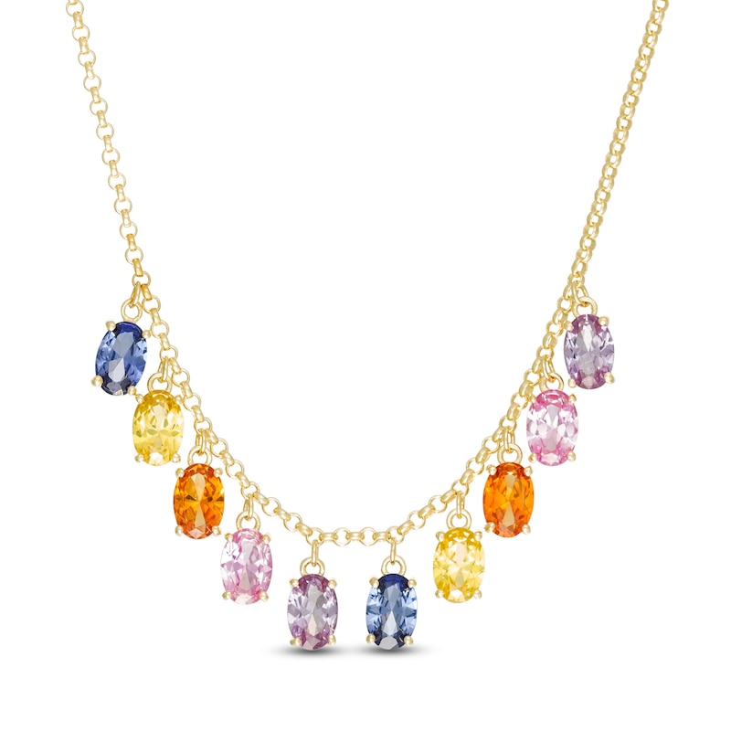 Oval Lab-Created Multi-Color Sapphire Station Dangle Necklace in Sterling Silver with 18K Gold Plate