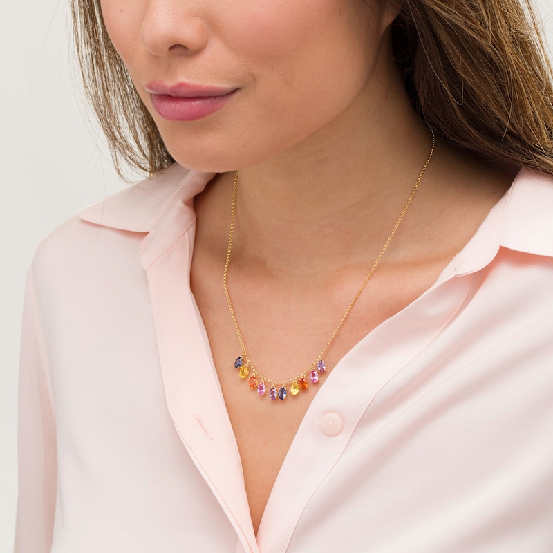 Main Image 2 of Oval Lab-Created Multi-Color Sapphire Station Dangle Necklace in Sterling Silver with 18K Gold Plate