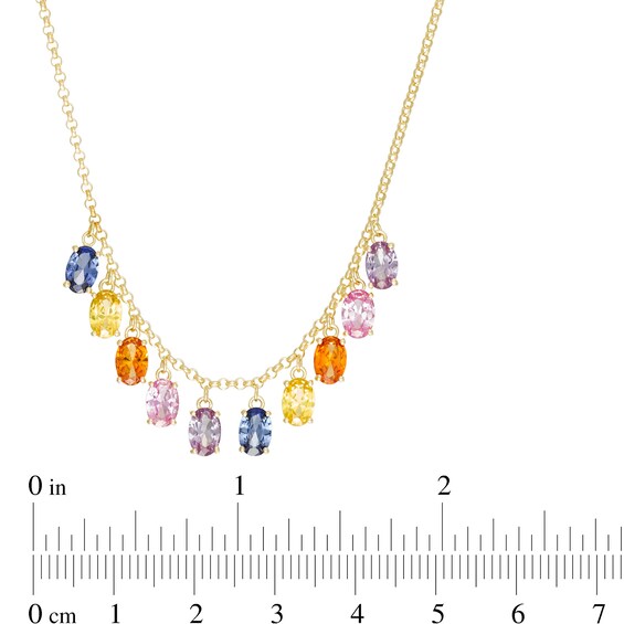 Oval Lab-Created Multi-Color Sapphire Station Dangle Necklace in Sterling Silver with 18K Gold Plate