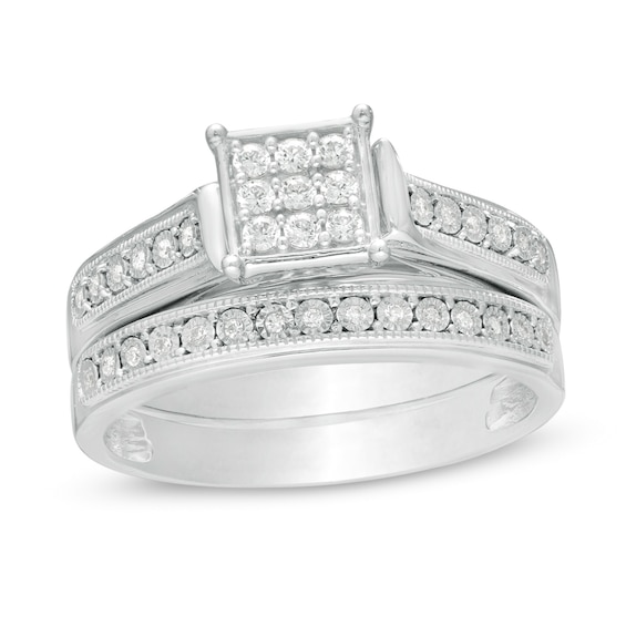 1/5 CT. T.w. Composite Diamond Square Frame Vintage-Style Bridal Set in Sterling Silver