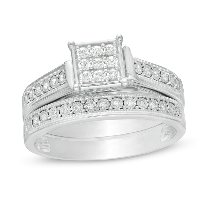 Main Image 1 of 1/5 CT. T.W. Composite Diamond Square Frame Vintage-Style Bridal Set in Sterling Silver