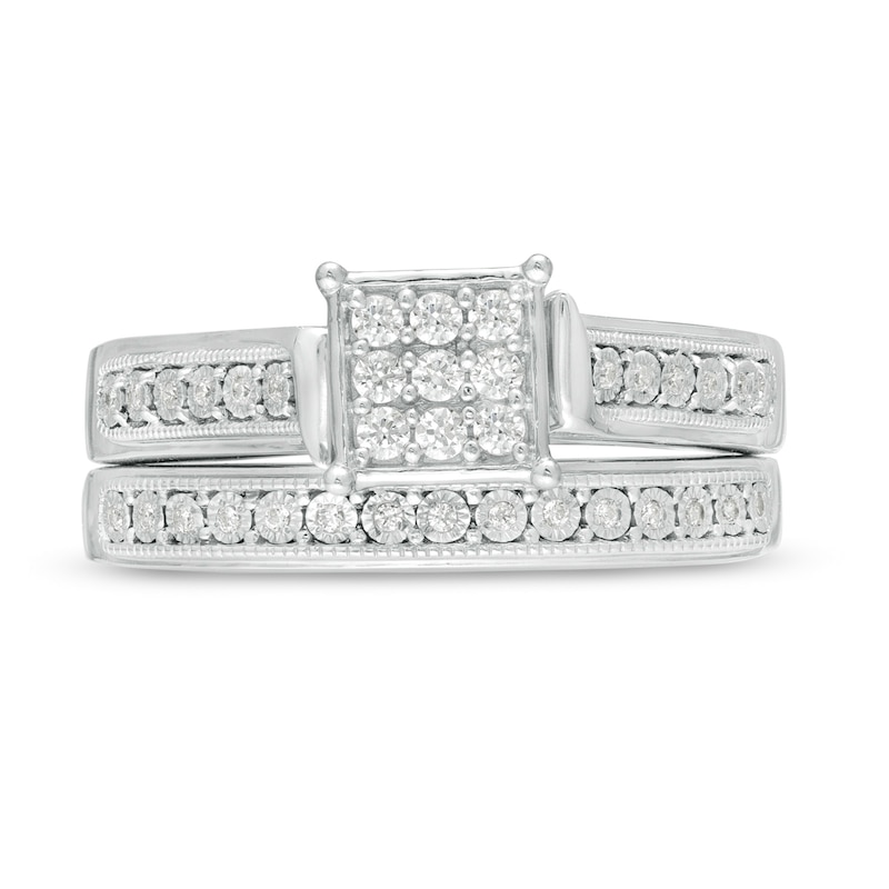 Main Image 4 of 1/5 CT. T.W. Composite Diamond Square Frame Vintage-Style Bridal Set in Sterling Silver