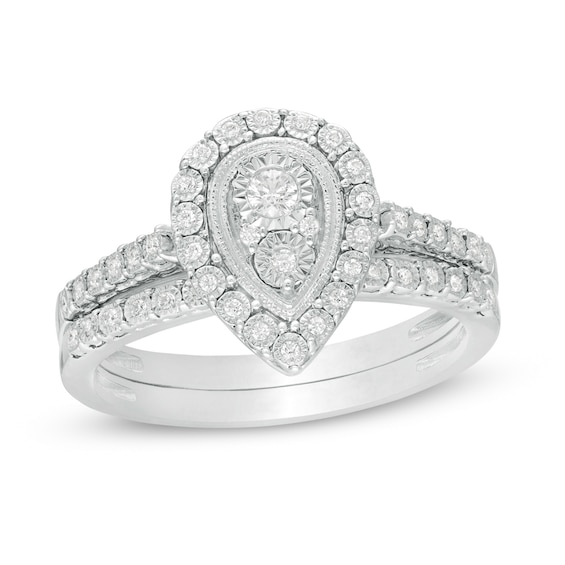 1/5 CT. T.w. Pear-Shaped Multi-Diamond Frame Vintage-Style Bridal Set in Sterling Silver