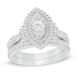 1 CT. T.W. Diamond Double Marquise Frame Tri-Sides Vintage-Style Bridal Set in 10K White Gold