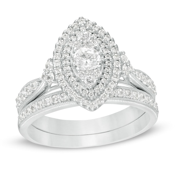1 CT. T.w. Diamond Double Marquise Frame Tri-Sides Vintage-Style Bridal Set in 10K White Gold
