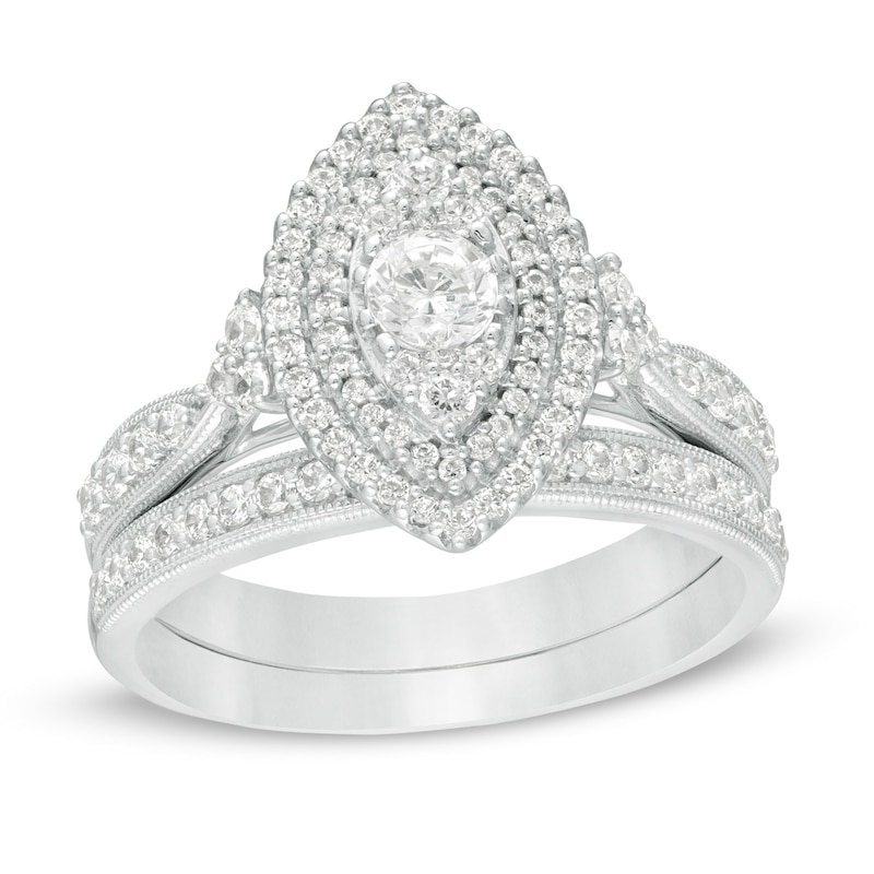Main Image 1 of 1 CT. T.W. Diamond Double Marquise Frame Tri-Sides Vintage-Style Bridal Set in 10K White Gold