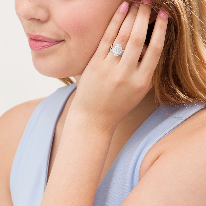 Main Image 2 of 1 CT. T.W. Diamond Double Marquise Frame Tri-Sides Vintage-Style Bridal Set in 10K White Gold