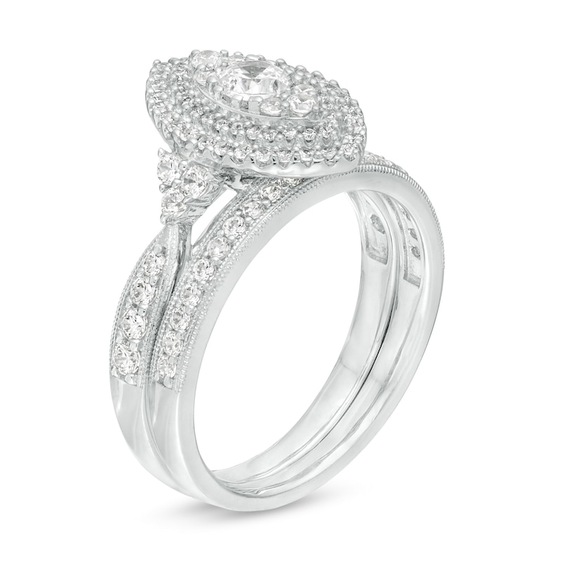 Main Image 3 of 1 CT. T.W. Diamond Double Marquise Frame Tri-Sides Vintage-Style Bridal Set in 10K White Gold