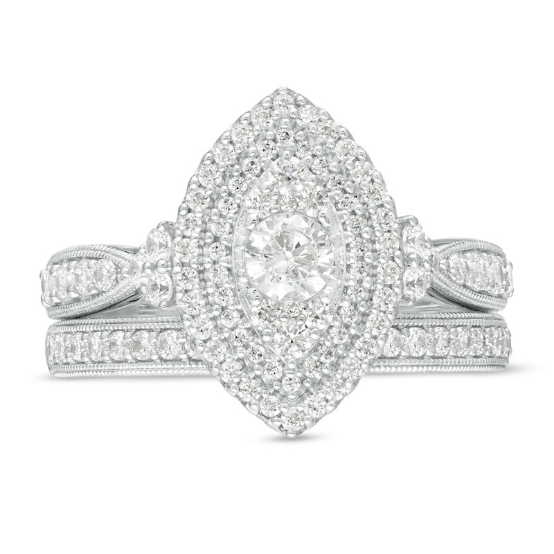 Main Image 4 of 1 CT. T.W. Diamond Double Marquise Frame Tri-Sides Vintage-Style Bridal Set in 10K White Gold