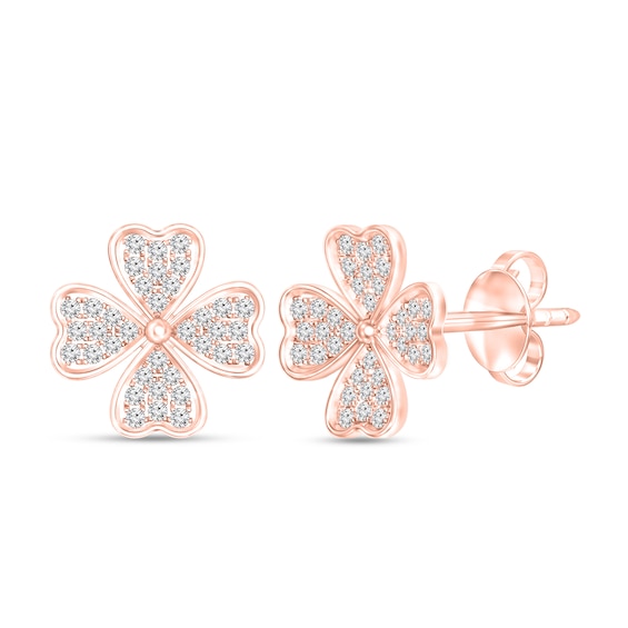 1/4 CT. T.w. Diamond Heart-Shaped Four Leaf Clover Stud Earrings in 10K Rose Gold