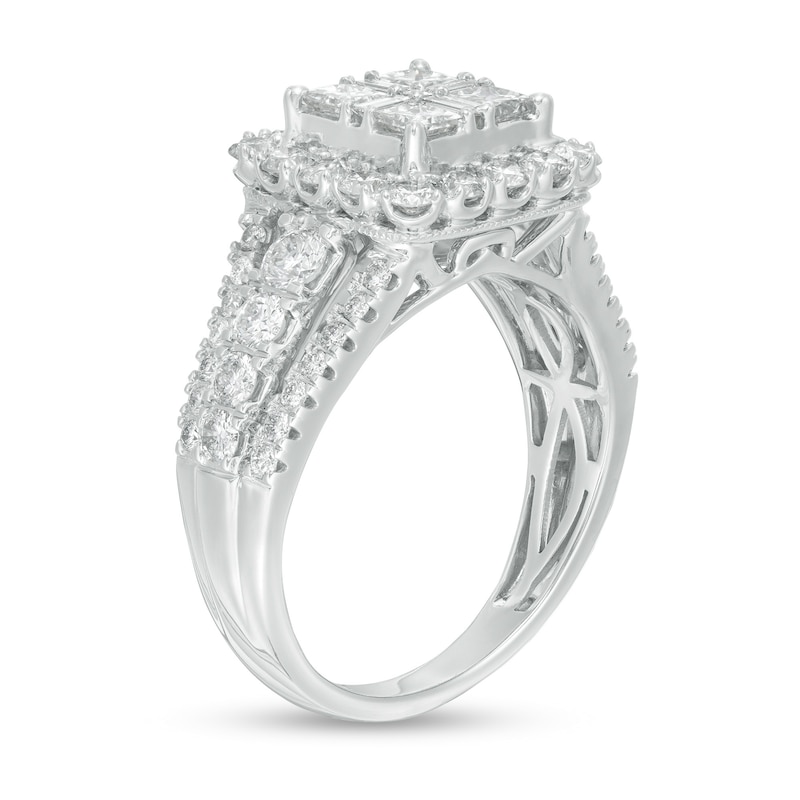Main Image 3 of 1-1/2 CT. T.W. Composite Diamond Cushion Frame Vintage-Style Engagement Ring in 14K White Gold