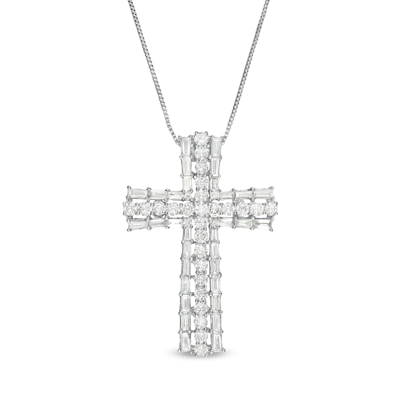 1-1/3 CT. T.W. Baguette and Round Diamond Cross Pendant in 10K White Gold