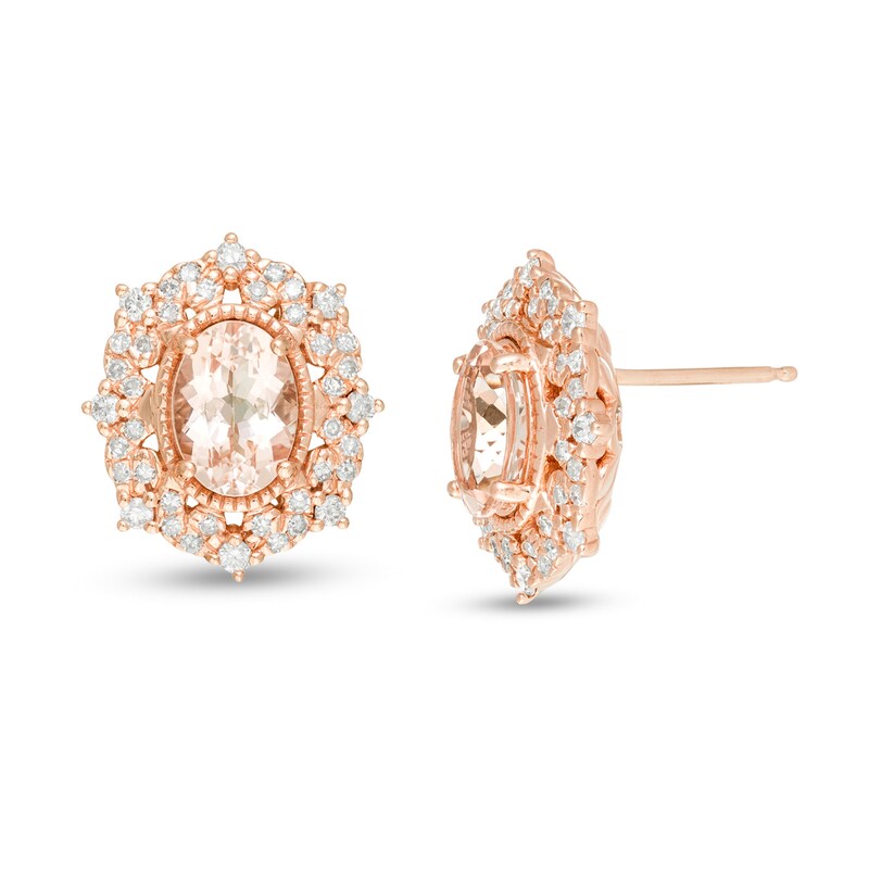 Main Image 1 of Oval Morganite and 1/3 CT. T.W. Diamond Scatter Frame Vintage-Style Stud Earrings in 10K Rose Gold