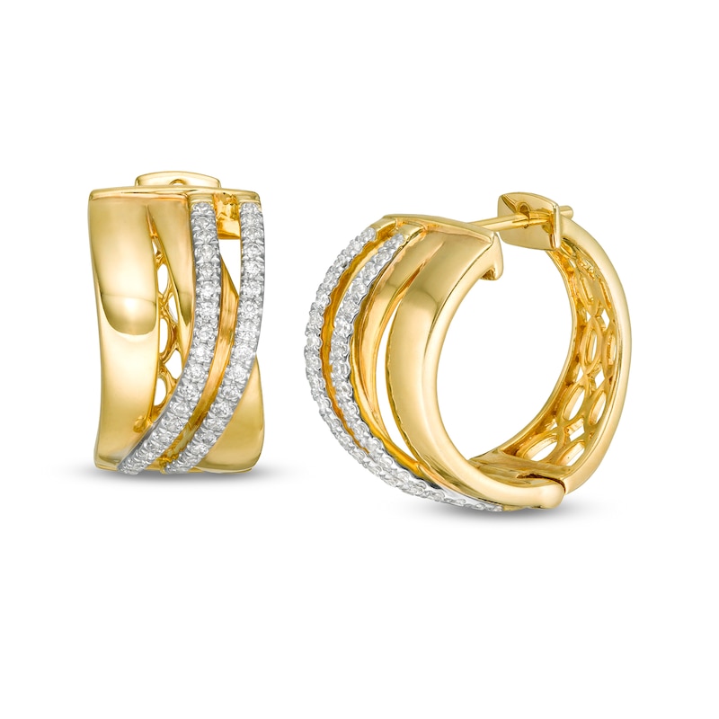 Main Image 1 of 3/8 CT. T.W. Diamond Crossover Hoop Earrings in 10K Gold