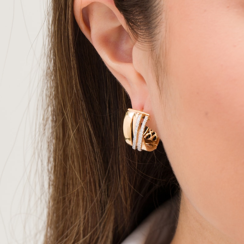 Main Image 2 of 3/8 CT. T.W. Diamond Crossover Hoop Earrings in 10K Gold