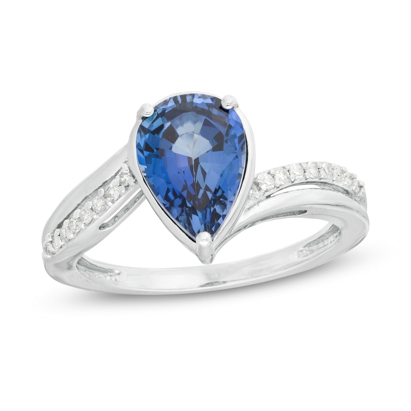 Pear-Shaped Lab-Created Blue Sapphire and 1/15 CT. T.W. Diamond Bypass Ring in Sterling Silver