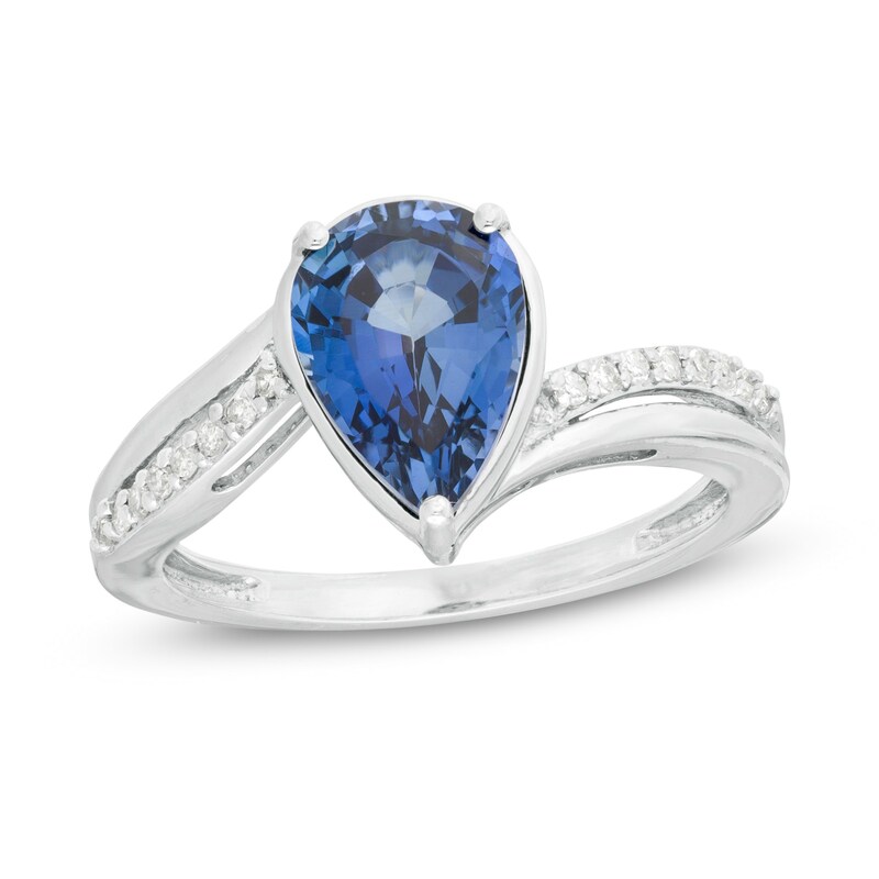 Main Image 1 of Pear-Shaped Lab-Created Blue Sapphire and 1/15 CT. T.W. Diamond Bypass Ring in Sterling Silver
