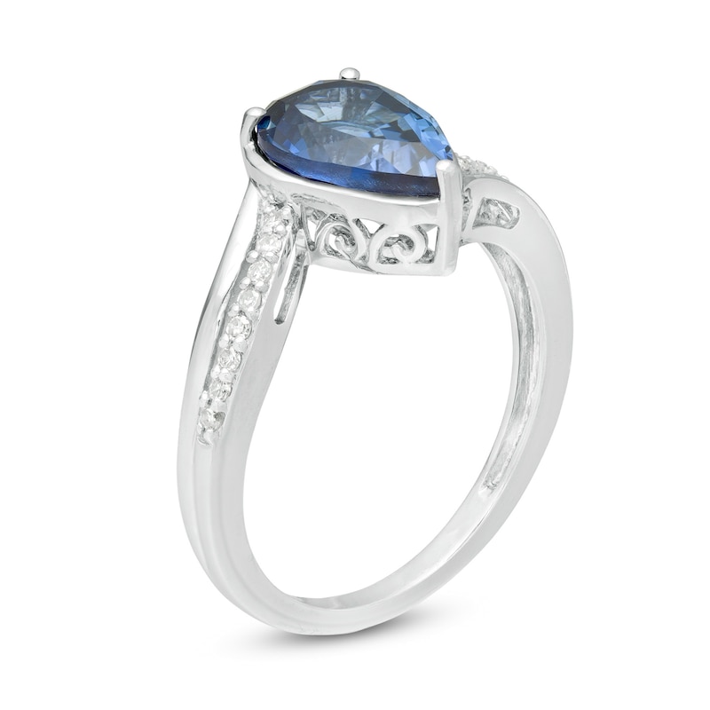 Pear-Shaped Lab-Created Blue Sapphire and 1/15 CT. T.W. Diamond Bypass Ring in Sterling Silver