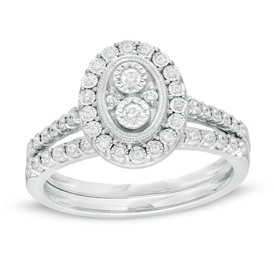 1/5 CT. T.w. Composite Diamond Oval Frame Vintage-Style Bridal Set in Sterling Silver