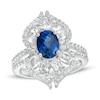 Thumbnail Image 0 of Oval Lab-Created Blue and White Sapphire Ornate Split-Shank Ring in Sterling Silver