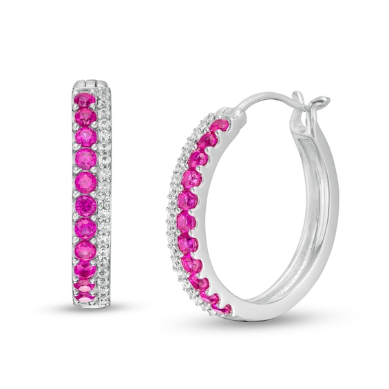 Lab-Created Ruby and White Sapphire Double Row Hoop Earrings in Sterling Silver