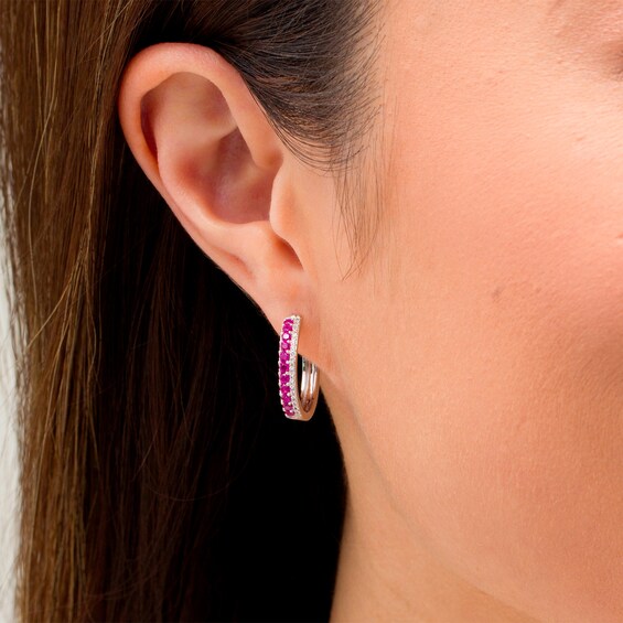 Lab-Created Ruby and White Sapphire Double Row Hoop Earrings in Sterling Silver