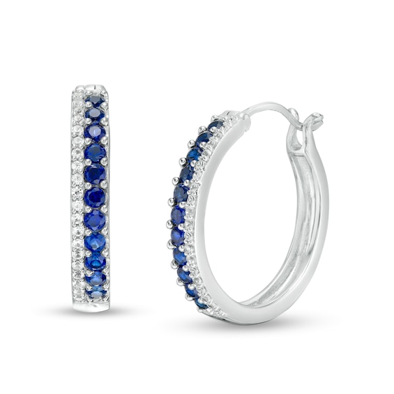 Lab-Created Blue and White Sapphire Double Row Hoop Earrings in Sterling Silver