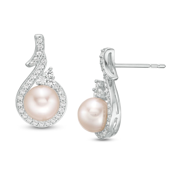 6.0-6.5mm Cultured Freshwater Pearl and Lab-Created White Sapphire Cascading Teardrop Earrings in Sterling Silver 6.0-6.5mm Cultured Freshwater Pearl and Lab-Created White Sapphire Cascading Teardrop Earrings in Sterling Silver