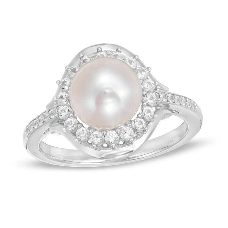 8.0-8.5mm Cultured Freshwater Pearl and Lab-Created White Sapphire Clamshell Frame Ring in Sterling Silver