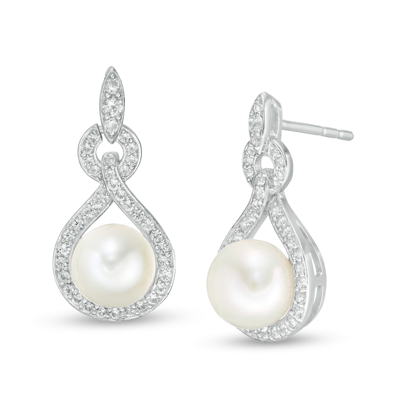 7.0-7.5mm Cultured Freshwater Pearl and Lab-Created White Sapphire Doorknocker Drop Earrings in Sterling Silver