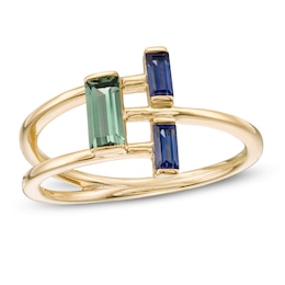 Baguette-Cut Lab-Created Green and Blue Sapphire Open Geometric Ring in Sterling Silver with 14K Gold Plate