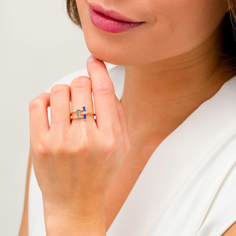 Main Image 2 of Baguette-Cut Lab-Created Green and Blue Sapphire Open Geometric Ring in Sterling Silver with 14K Gold Plate