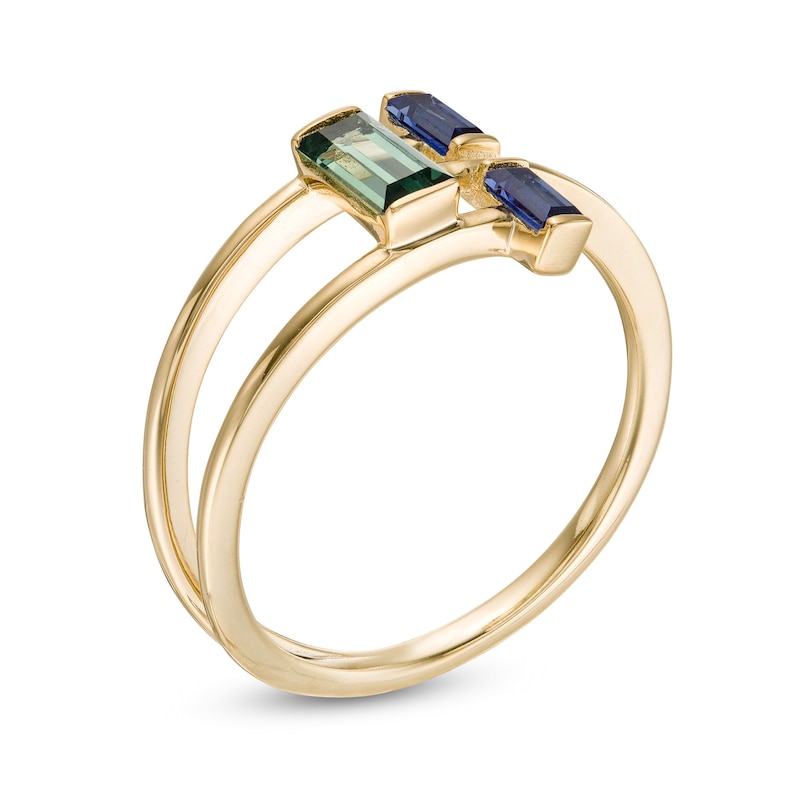 Main Image 3 of Baguette-Cut Lab-Created Green and Blue Sapphire Open Geometric Ring in Sterling Silver with 14K Gold Plate