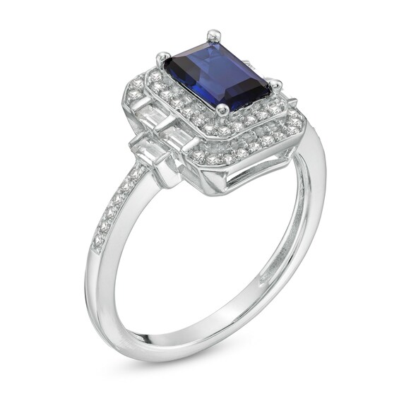 Emerald-Cut Blue Sapphire and 1/3 CT. T.w. Diamond Frame Ring in 10K White Gold