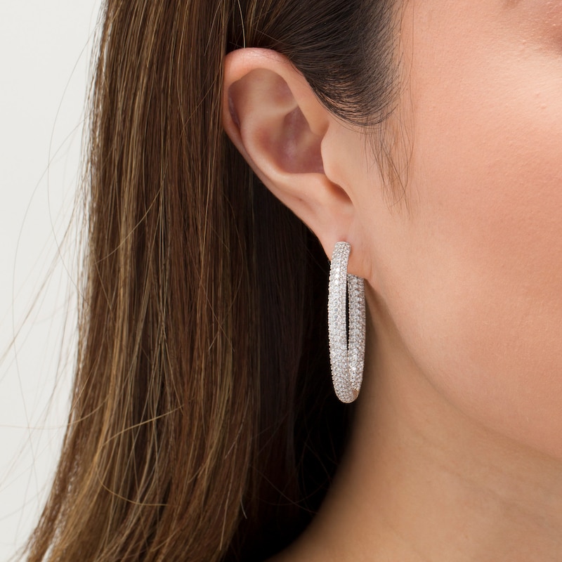 Main Image 2 of 3-7/8 CT. T.W. Diamond Oval Inside-Out Hoop Earrings in 10K White Gold