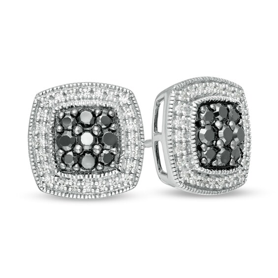 1/2 CT. T.w. Enhanced Black and White Diamond Cushion Frame Vintage-Style Stud Earrings in Sterling Silver