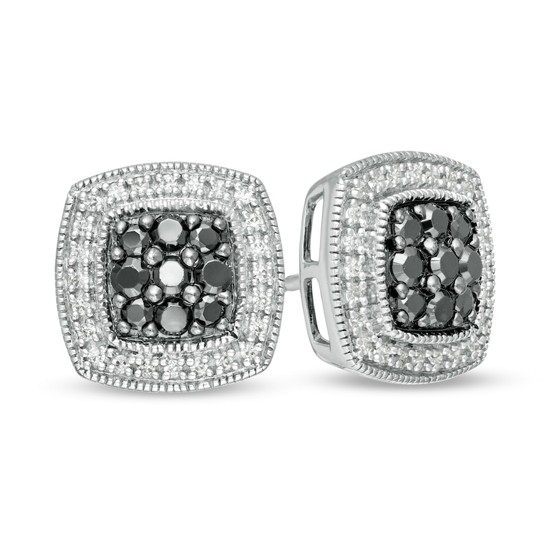 Main Image 1 of 1/2 CT. T.W. Enhanced Black and White Diamond Cushion Frame Vintage-Style Stud Earrings in Sterling Silver