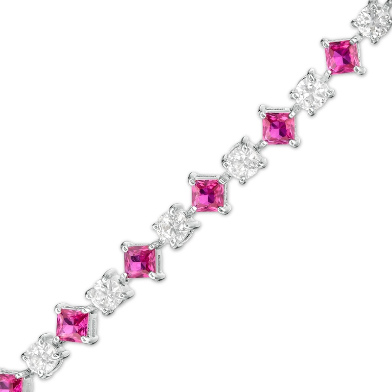 Main Image 1 of Alternating Princess-Cut Lab-Created Ruby and White Sapphire Line Bracelet in Sterling Silver - 7.25"