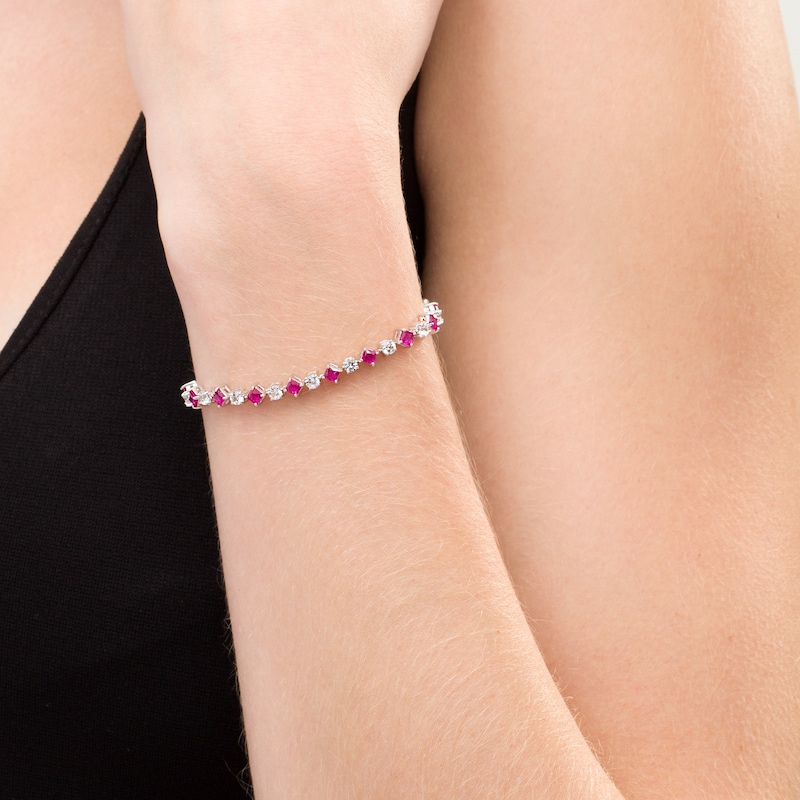 Alternating Princess-Cut Lab-Created Ruby and White Sapphire Line Bracelet in Sterling Silver - 7.25"