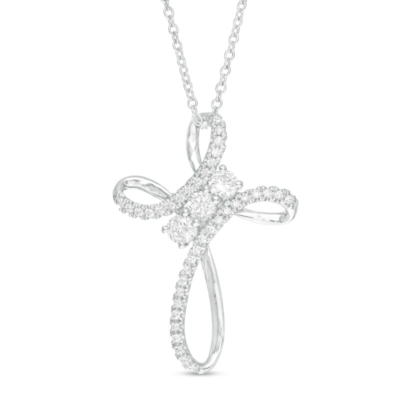 Main Image 1 of 3/8 CT. T.W. Diamond Past Present Future® Loop Cross Pendant in 10K White Gold